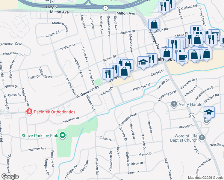 map of restaurants, bars, coffee shops, grocery stores, and more near 307 Chapel Drive in Syracuse