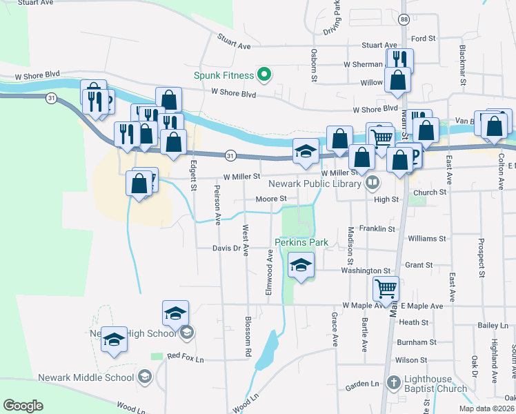 map of restaurants, bars, coffee shops, grocery stores, and more near 218 Moore St in Newark