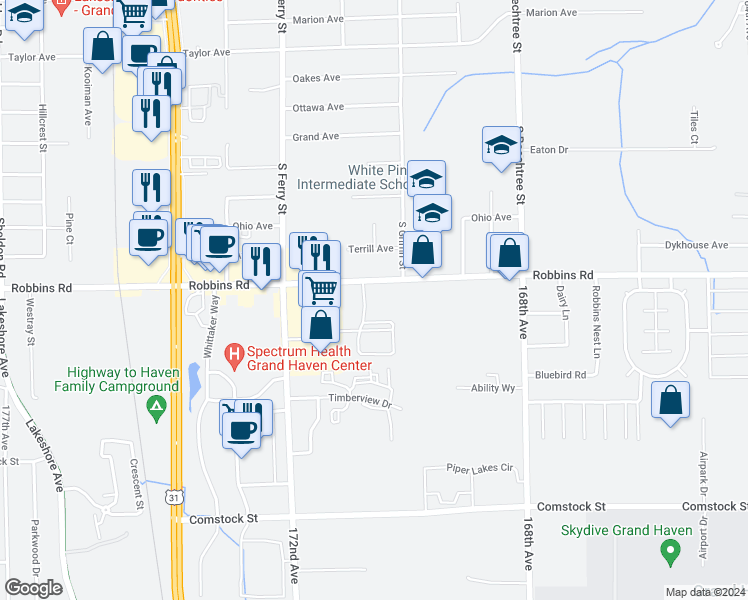 map of restaurants, bars, coffee shops, grocery stores, and more near 17076 Robbins Road in Grand Haven