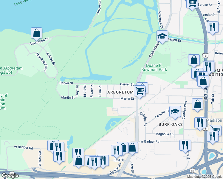 map of restaurants, bars, coffee shops, grocery stores, and more near 2018 Irwin Place in Madison