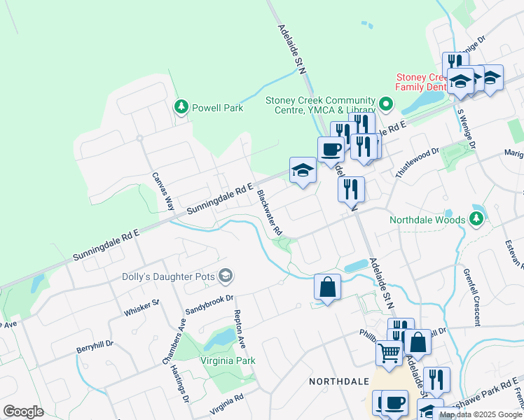 map of restaurants, bars, coffee shops, grocery stores, and more near 2215 Blackwater Road in London