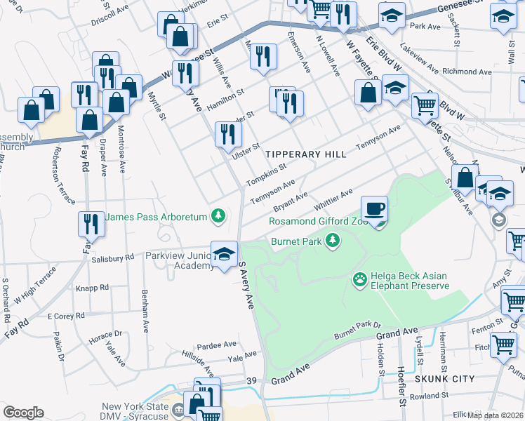 map of restaurants, bars, coffee shops, grocery stores, and more near 524 Bryant Avenue in Syracuse