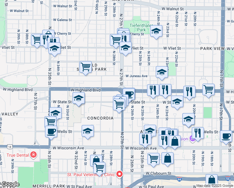 map of restaurants, bars, coffee shops, grocery stores, and more near 2703 West Highland Boulevard in Milwaukee