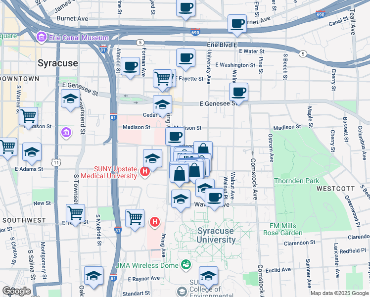 map of restaurants, bars, coffee shops, grocery stores, and more near 601 South Crouse Avenue in Syracuse