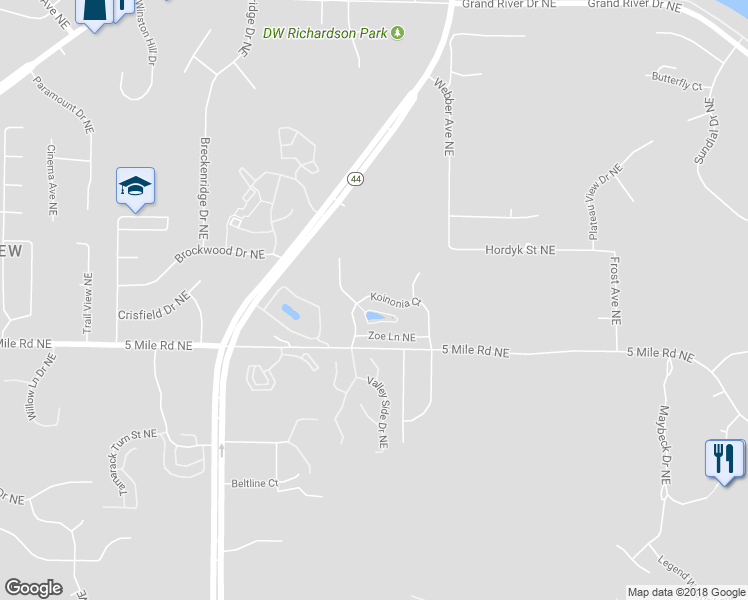 map of restaurants, bars, coffee shops, grocery stores, and more near 4545 Koinonia Court in Grand Rapids