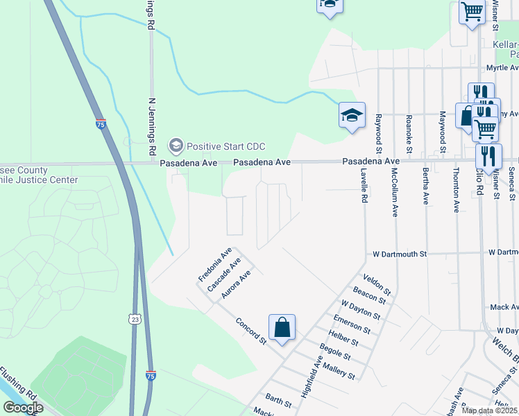 map of restaurants, bars, coffee shops, grocery stores, and more near 2459 Oakwood Drive in Flint