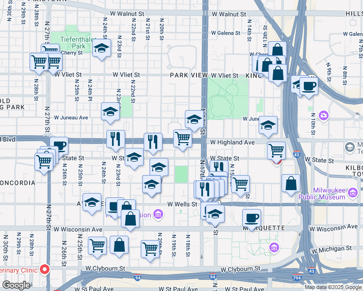 map of restaurants, bars, coffee shops, grocery stores, and more near 1819 West Highland Avenue in Milwaukee