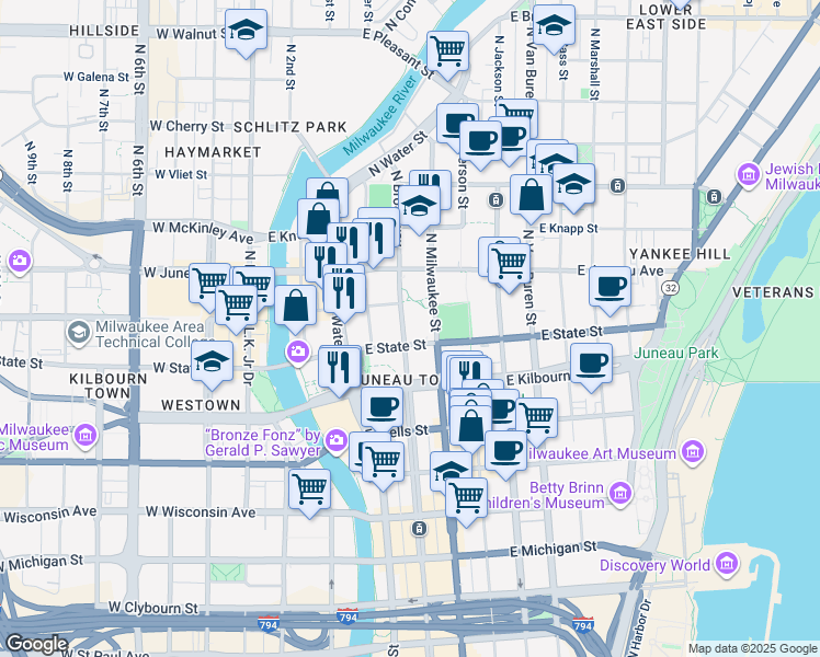 map of restaurants, bars, coffee shops, grocery stores, and more near 1020 North Broadway in Milwaukee