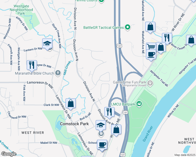 map of restaurants, bars, coffee shops, grocery stores, and more near 137 Water Lily Way in Comstock Park