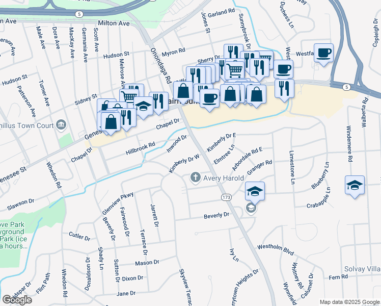map of restaurants, bars, coffee shops, grocery stores, and more near 104 Kimberly Dr W in Syracuse