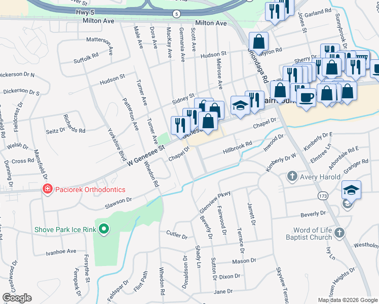 map of restaurants, bars, coffee shops, grocery stores, and more near 307 Chapel Drive in Syracuse