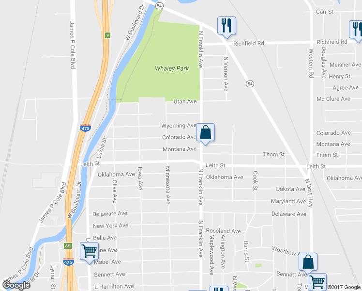 map of restaurants, bars, coffee shops, grocery stores, and more near 1729 Montana Avenue in Flint