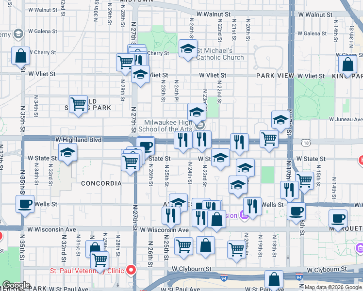 map of restaurants, bars, coffee shops, grocery stores, and more near 2417 West Highland Avenue in Milwaukee