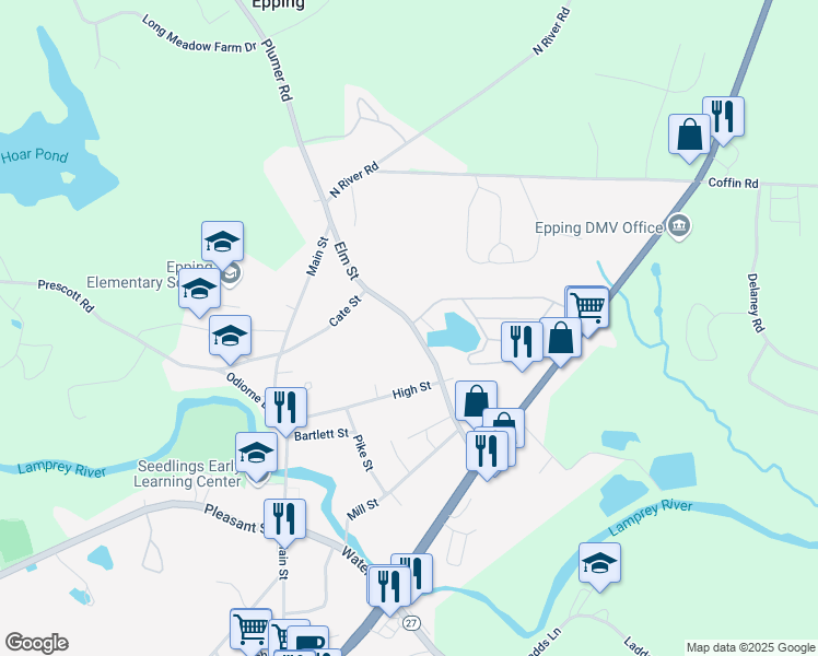 map of restaurants, bars, coffee shops, grocery stores, and more near 58-62 Elm Street in Epping