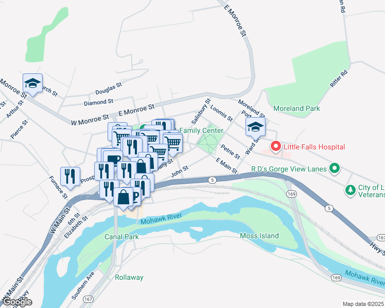 map of restaurants, bars, coffee shops, grocery stores, and more near 615 Albany Street in Little Falls