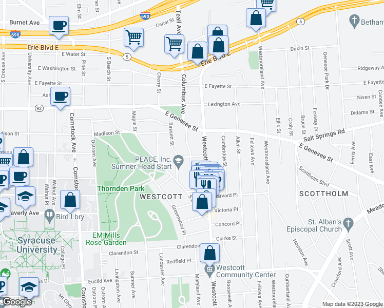 map of restaurants, bars, coffee shops, grocery stores, and more near 203 Hawthorne Street in Syracuse