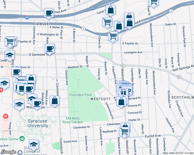 map of restaurants, bars, coffee shops, grocery stores, and more near 523 South Beech Street in Syracuse