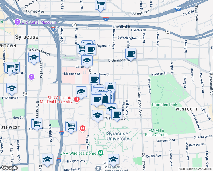 map of restaurants, bars, coffee shops, grocery stores, and more near 908 Harrison Street in Syracuse