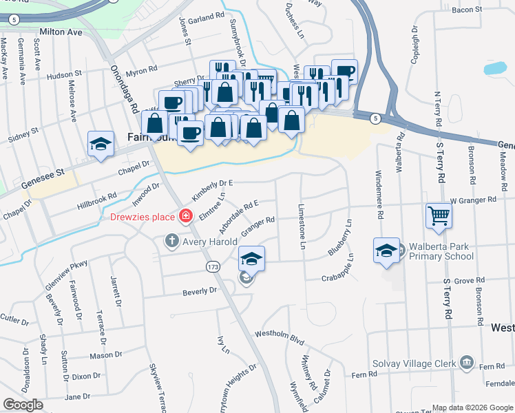 map of restaurants, bars, coffee shops, grocery stores, and more near 204 Arbordale Road East in Syracuse