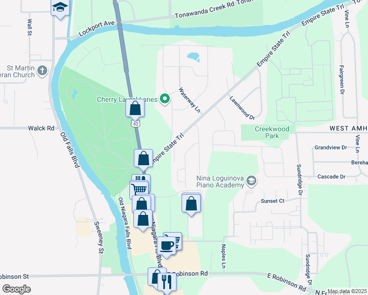map of restaurants, bars, coffee shops, grocery stores, and more near 16 West Summerset Lane in Buffalo