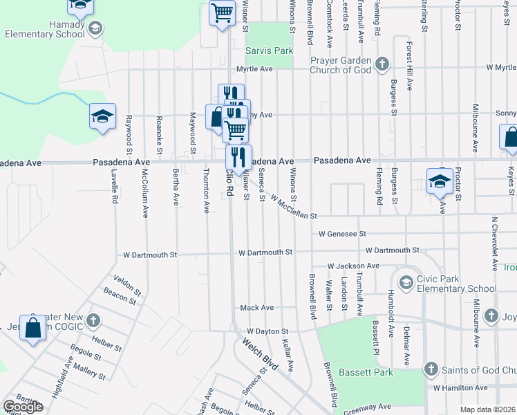 map of restaurants, bars, coffee shops, grocery stores, and more near 3022 Wisner Street in Flint