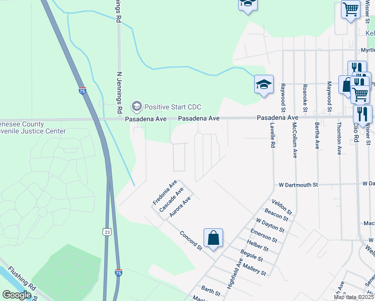 map of restaurants, bars, coffee shops, grocery stores, and more near 2459 Oakwood Drive in Flint