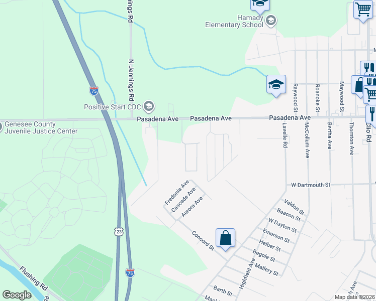 map of restaurants, bars, coffee shops, grocery stores, and more near 3379 Pasadena Avenue in Flint