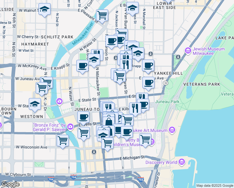map of restaurants, bars, coffee shops, grocery stores, and more near 610 East State Street in Milwaukee