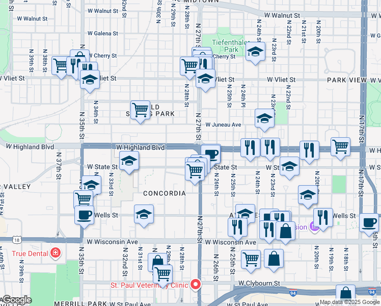 map of restaurants, bars, coffee shops, grocery stores, and more near in Milwaukee