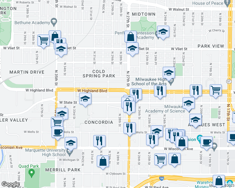 map of restaurants, bars, coffee shops, grocery stores, and more near 2823 West Highland Boulevard in Milwaukee
