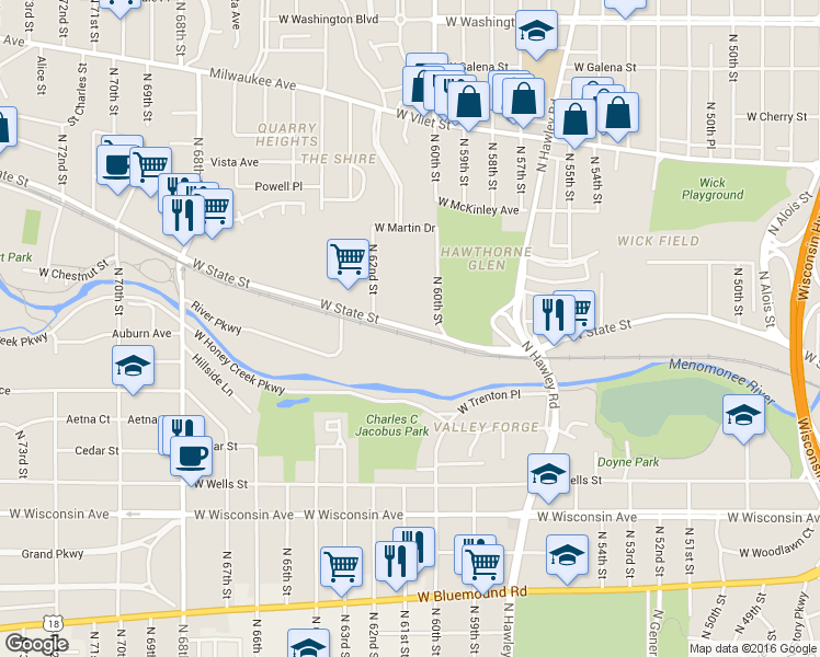 map of restaurants, bars, coffee shops, grocery stores, and more near 1601 Underwood Avenue in Milwaukee