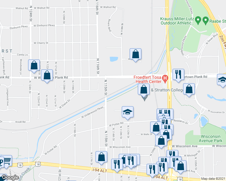 map of restaurants, bars, coffee shops, grocery stores, and more near 1060 North 115th Street in Wauwatosa