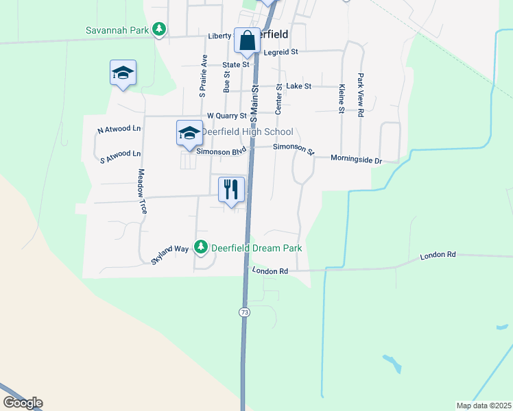map of restaurants, bars, coffee shops, grocery stores, and more near 604 South Main Street in Deerfield