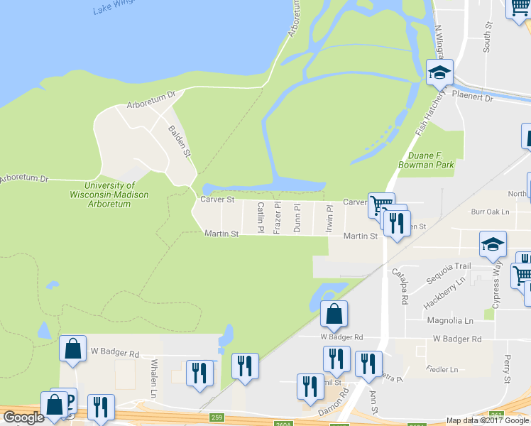 map of restaurants, bars, coffee shops, grocery stores, and more near 2022 Frazer Place in Madison