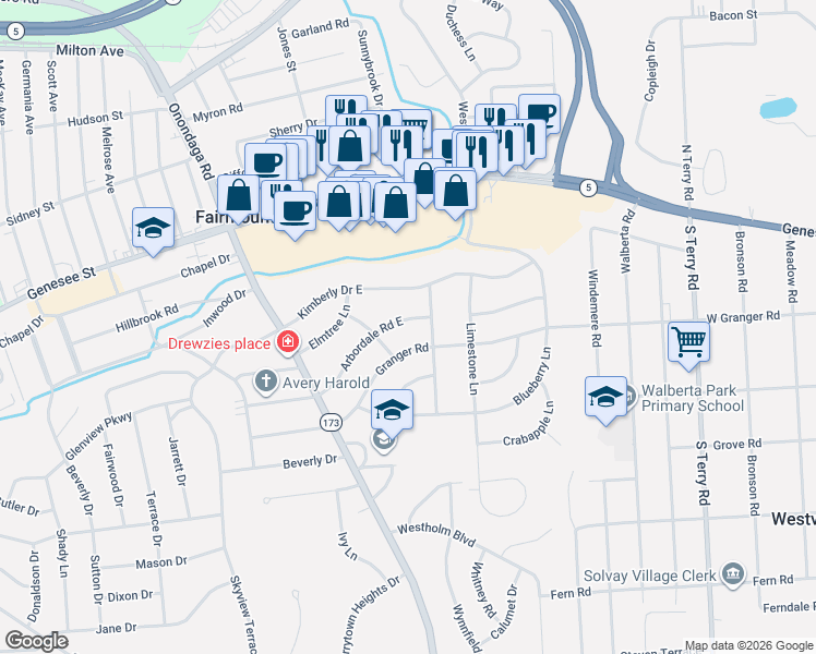 map of restaurants, bars, coffee shops, grocery stores, and more near 204 Arbordale Road East in Syracuse
