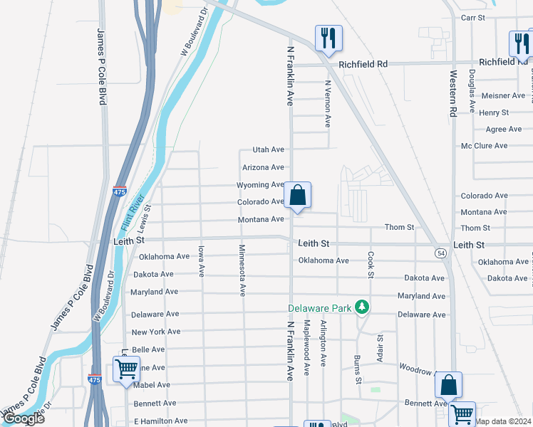 map of restaurants, bars, coffee shops, grocery stores, and more near 1737 Montana Avenue in Flint
