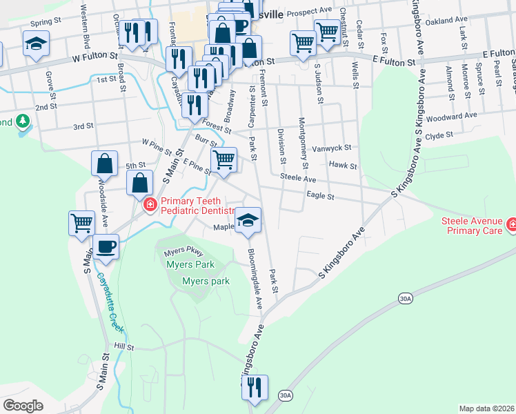 map of restaurants, bars, coffee shops, grocery stores, and more near 51 Park Street in Gloversville
