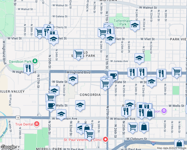 map of restaurants, bars, coffee shops, grocery stores, and more near 2841 West Highland Boulevard in Milwaukee
