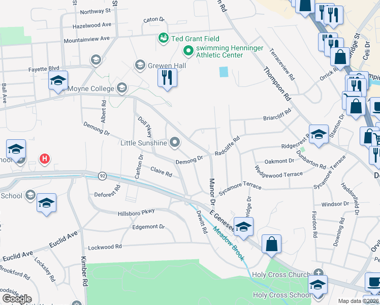 map of restaurants, bars, coffee shops, grocery stores, and more near 223 Barrington Rd in Syracuse