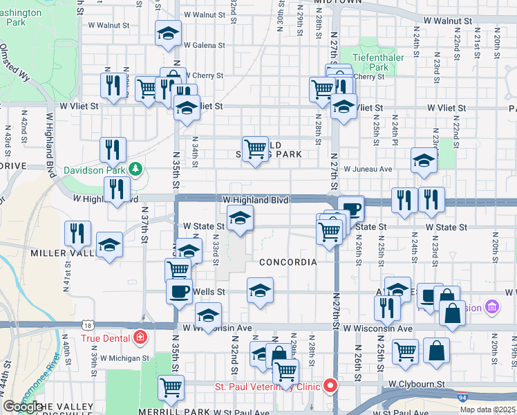 map of restaurants, bars, coffee shops, grocery stores, and more near 3025 West Highland Boulevard in Milwaukee