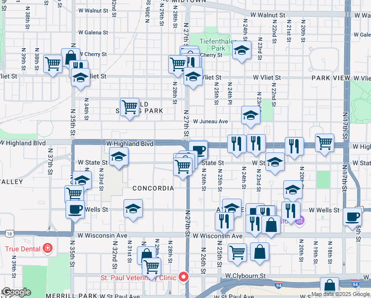 map of restaurants, bars, coffee shops, grocery stores, and more near 2703 West Highland Boulevard in Milwaukee