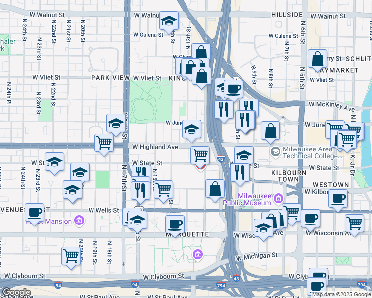 map of restaurants, bars, coffee shops, grocery stores, and more near 1301 West Highland Avenue in Milwaukee