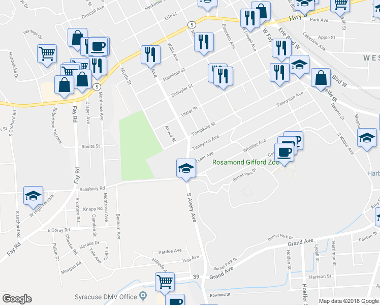 map of restaurants, bars, coffee shops, grocery stores, and more near 201 South Avery Avenue in Syracuse