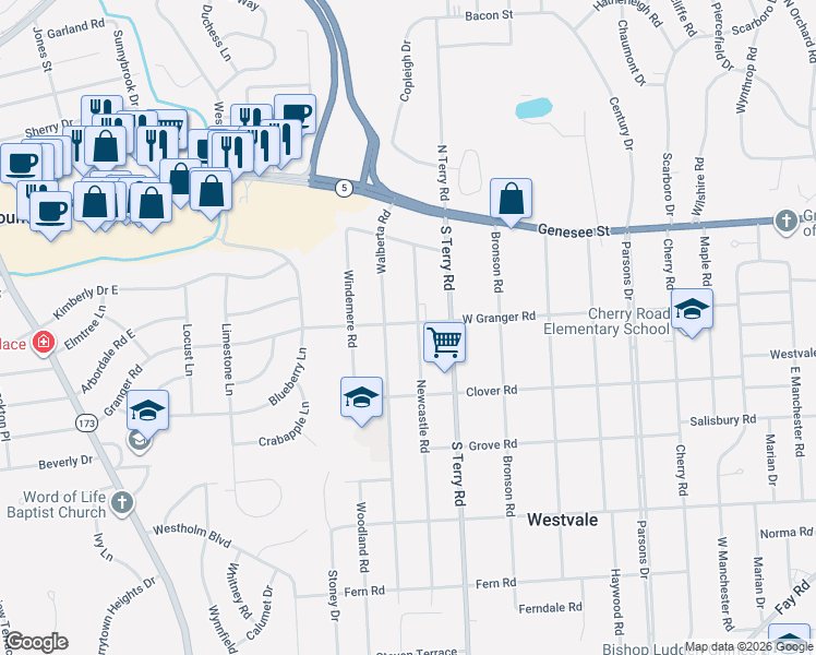 map of restaurants, bars, coffee shops, grocery stores, and more near 301 Walberta Road in Syracuse