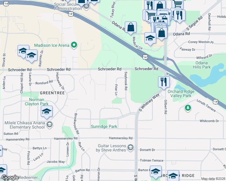 map of restaurants, bars, coffee shops, grocery stores, and more near 1026 Friar Lane in Madison