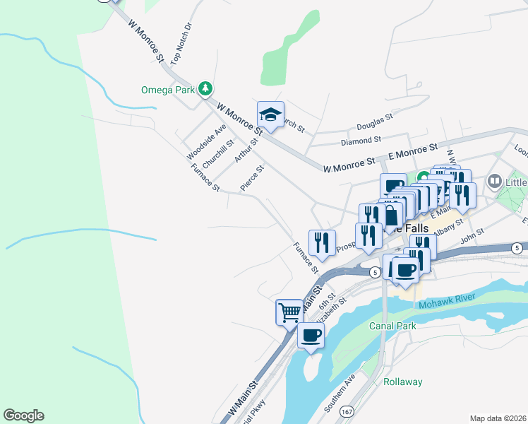 map of restaurants, bars, coffee shops, grocery stores, and more near 112 Furnace Street in Little Falls