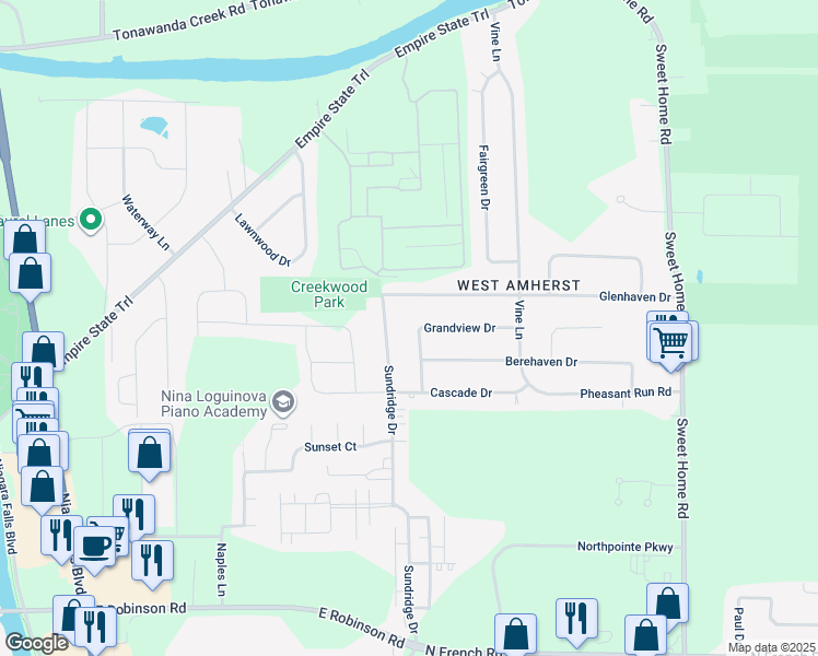 map of restaurants, bars, coffee shops, grocery stores, and more near 60 Grandview Drive in Buffalo