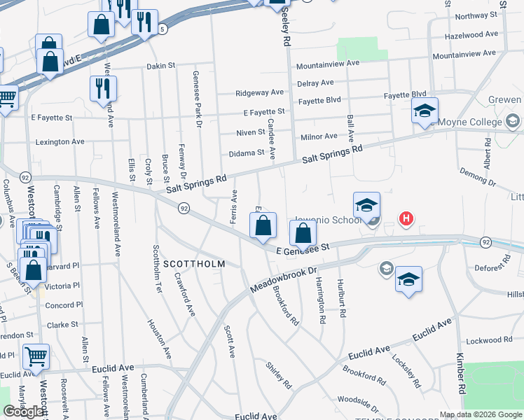 map of restaurants, bars, coffee shops, grocery stores, and more near 100 Blossom Road in Syracuse