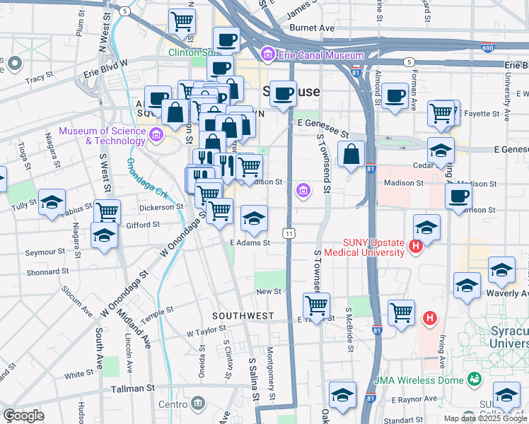 map of restaurants, bars, coffee shops, grocery stores, and more near 616 Montgomery Street in Syracuse