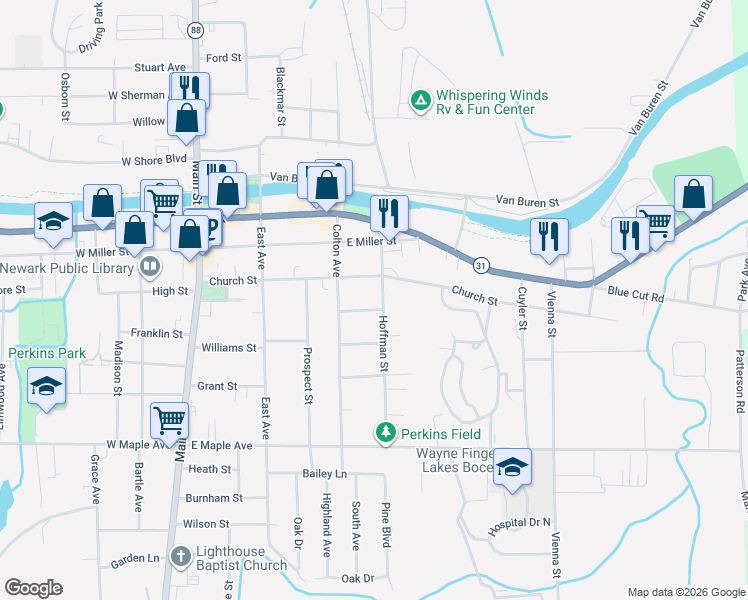 map of restaurants, bars, coffee shops, grocery stores, and more near 116 Elm Street in Newark